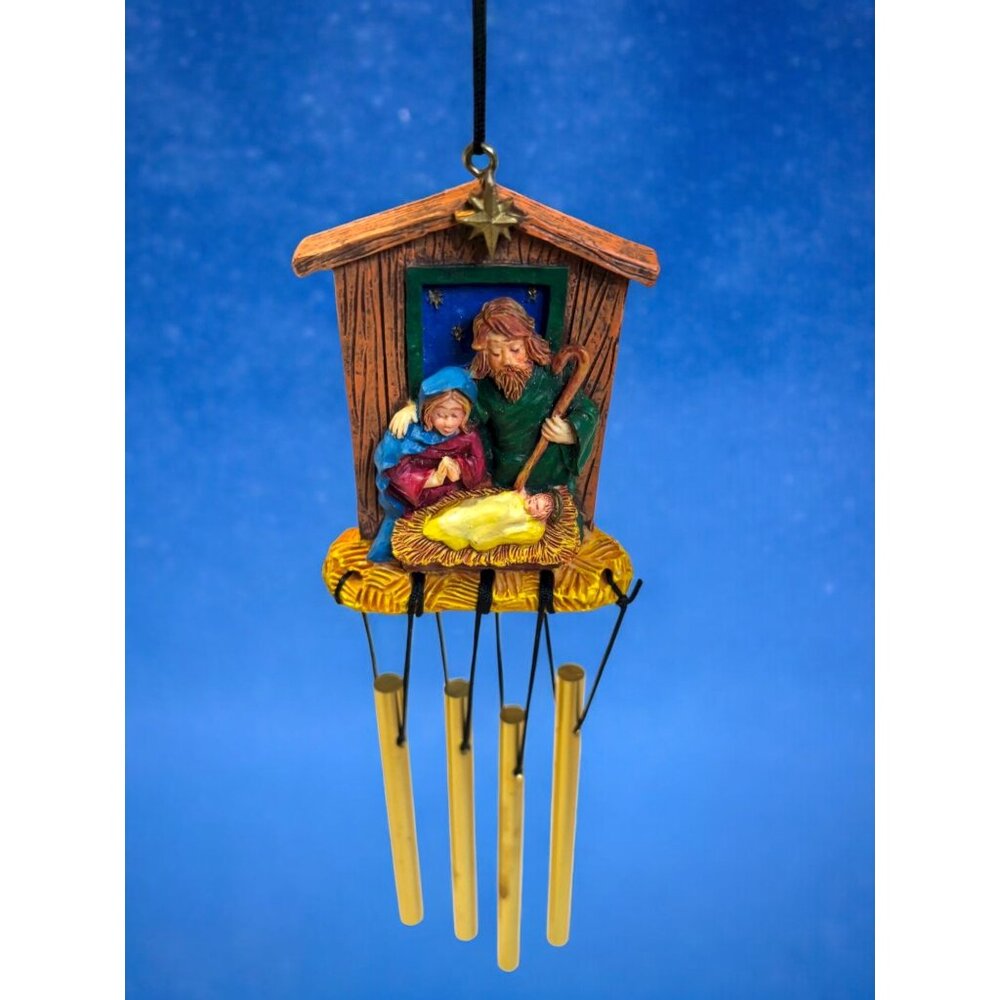Nativity Scene Resin Wind Chime With Gold Metal Tubes & Star Accent For Christma